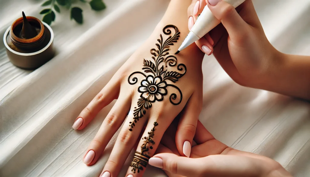 A person creating a simple mehndi design on the back of a hand using a henna cone, showing the initial stages of the design with floral patterns