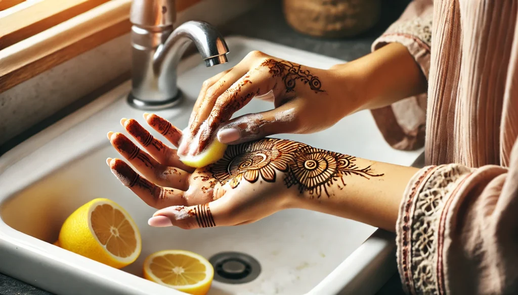 A person gently scrubbing their hands with a lemon and baking soda paste to remove mehndi, showing a partial faded mehndi stain. The setting is a bath